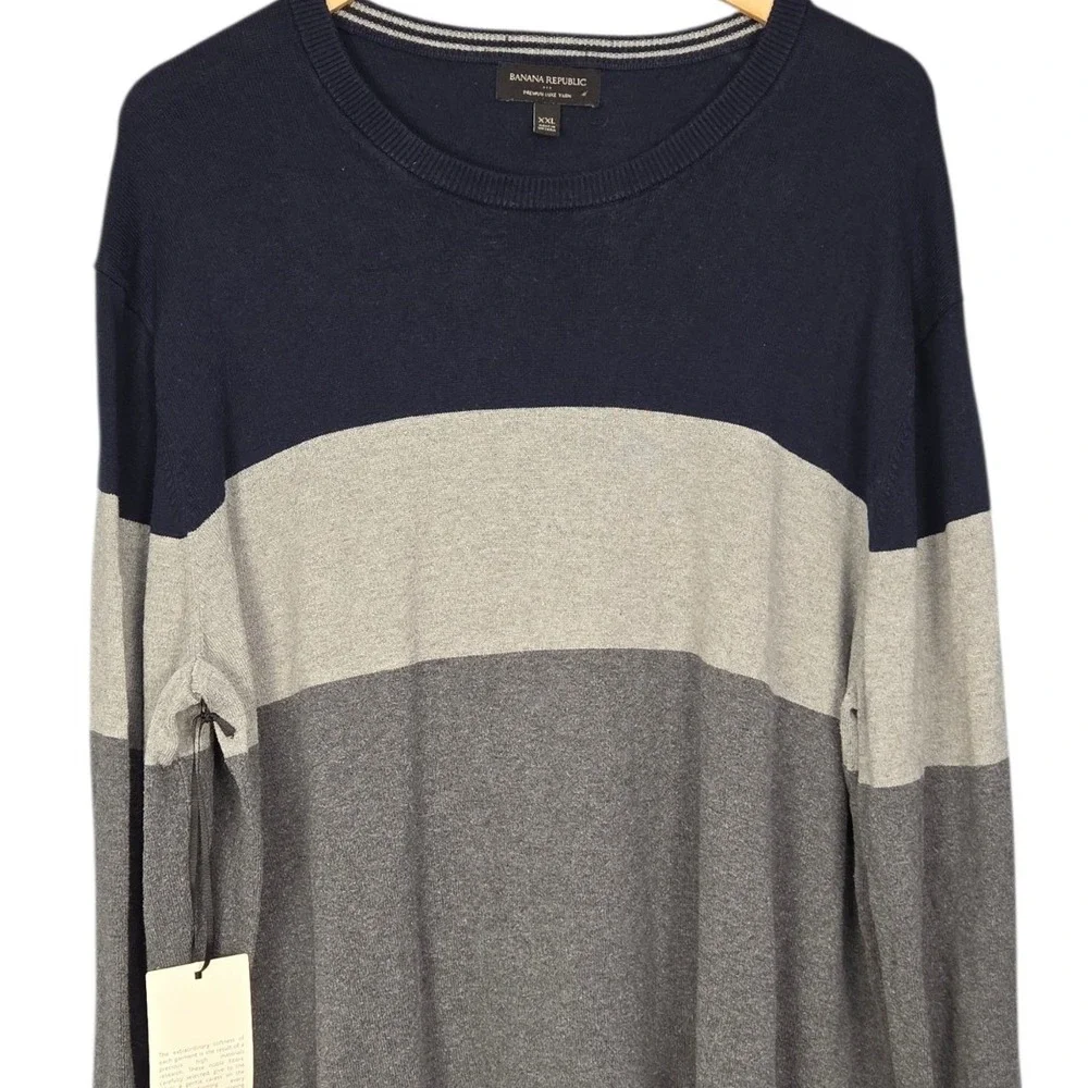 Banana Republic Sweater Mens XXL Navy Gray Cotton Cashmere Silk Long Sleeve NEW
